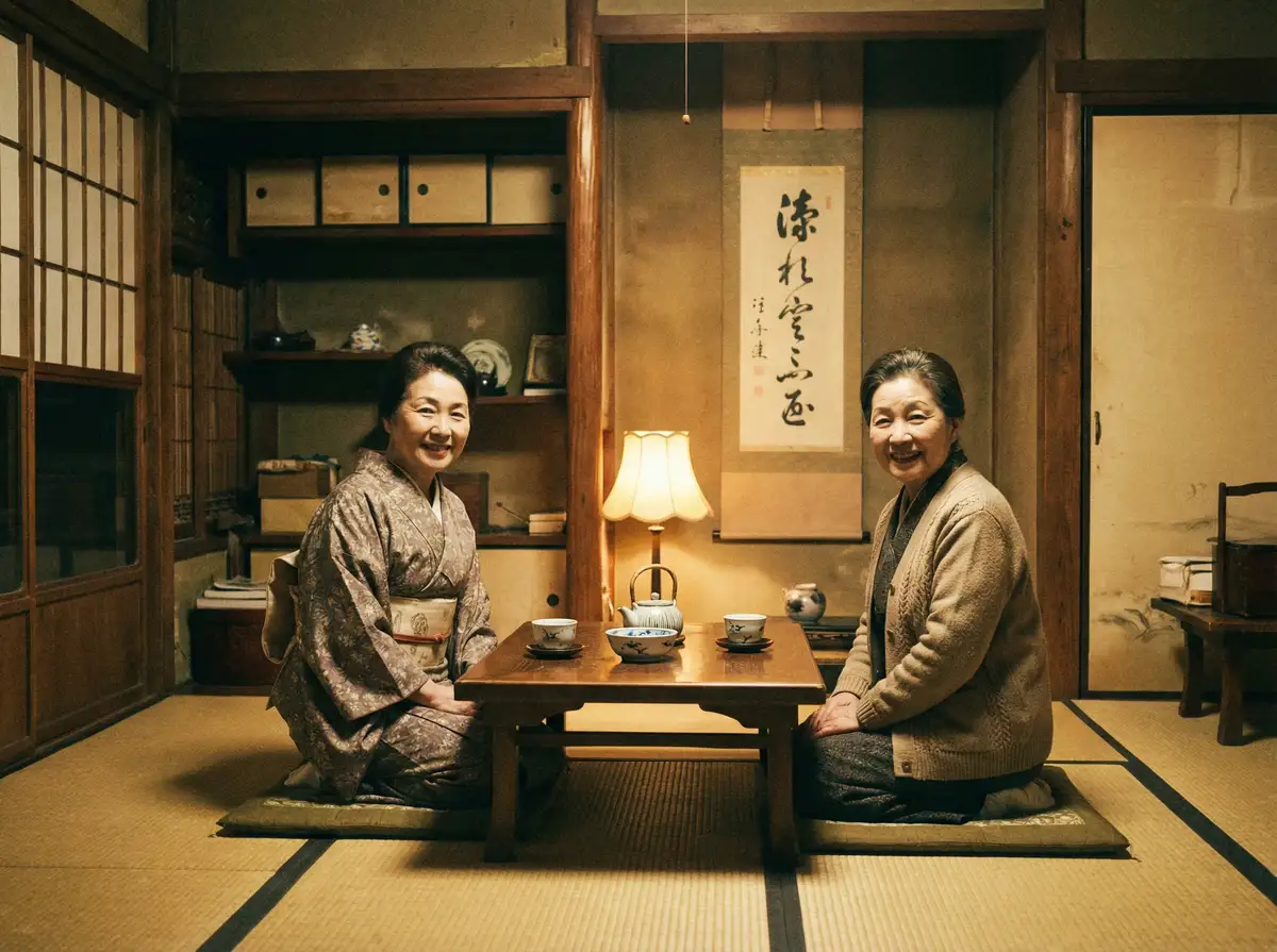 两位优雅的 爱情岛 在日式茶室中品茶交谈
